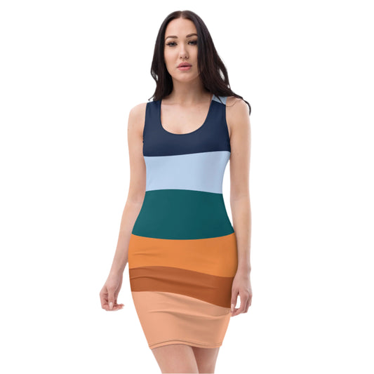Luckeladybug sleeveless striped bodycon dress with navy blue, light blue, green, orange, and brown horizontal stripes