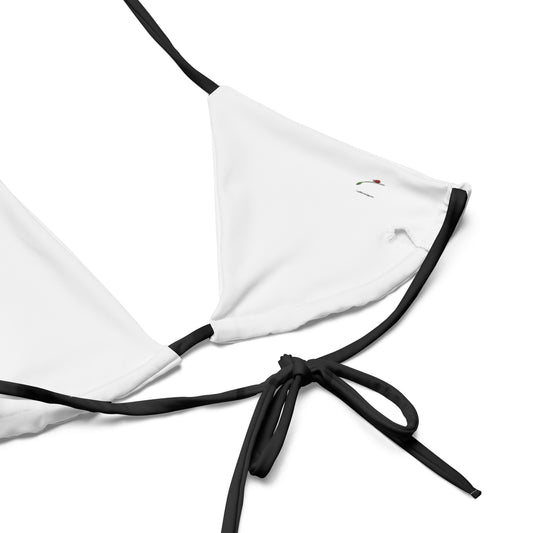 sustainable black string bikini top with white fabric and adjustable ties