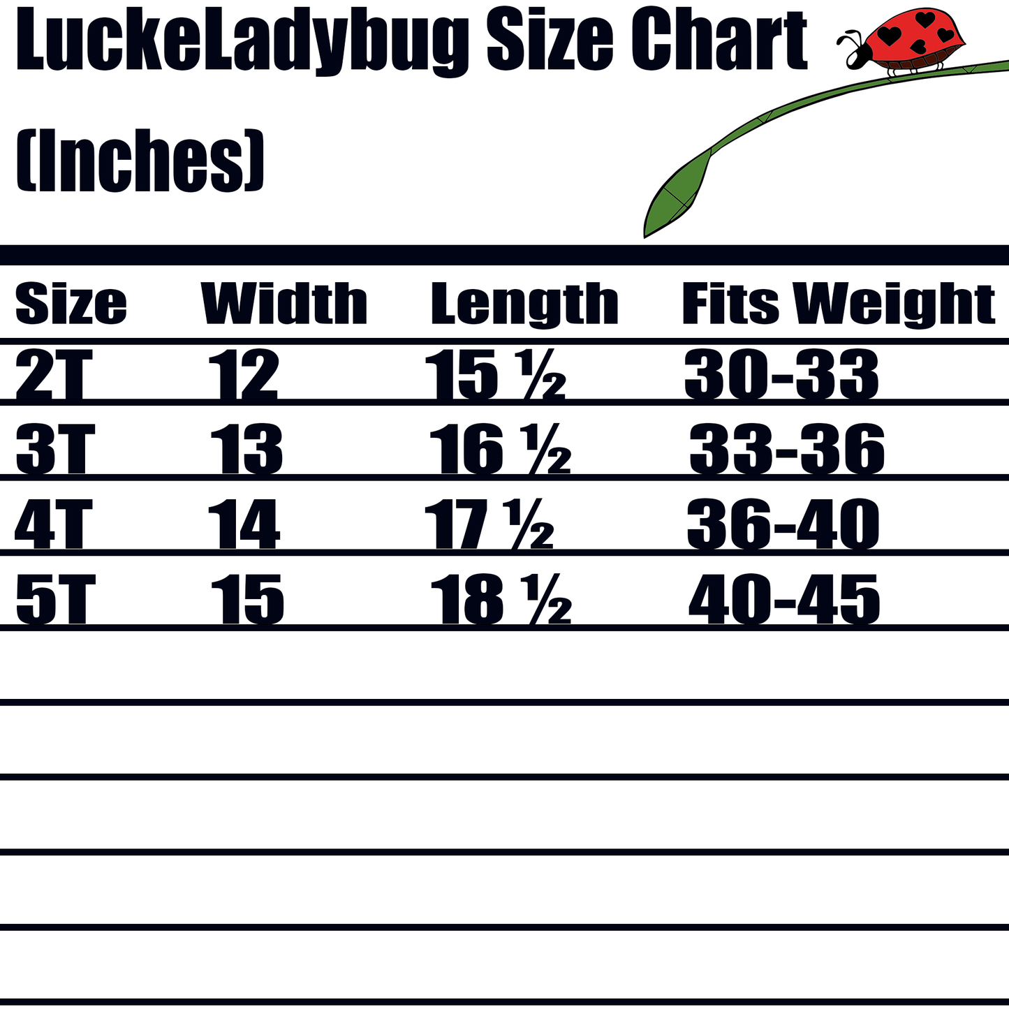 LuckeLadybug toddler western horse t shirt size chart showing measurements for sizes 2T to 5T in inches