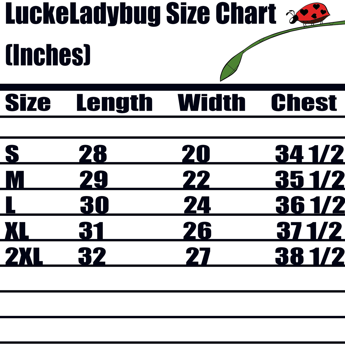 LuckeLadybug size chart for unique hazmat hoodie showing length width and chest measurements in inches