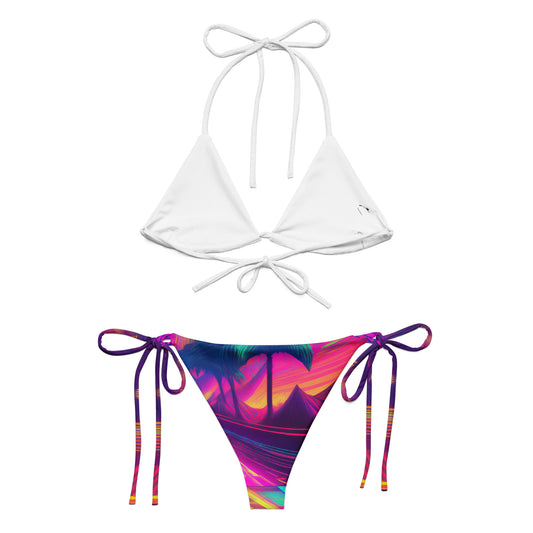 LuckeLadybug vibrant bikini set with white triangle top and colorful tropical print tie-side bottoms