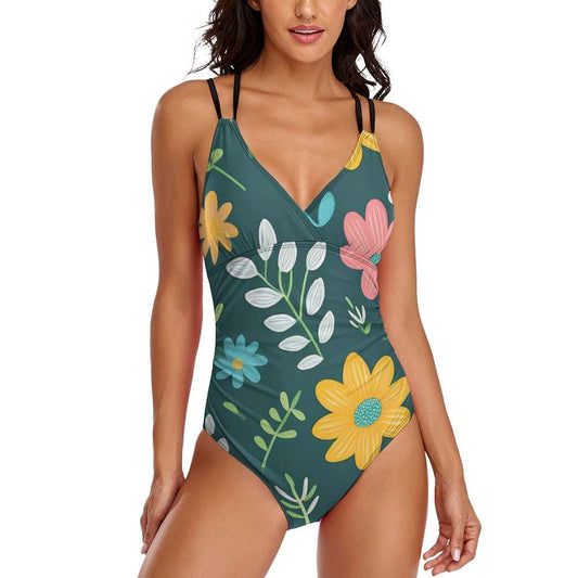 Women's floral swimwear one-piece with colorful flower print and double black shoulder straps