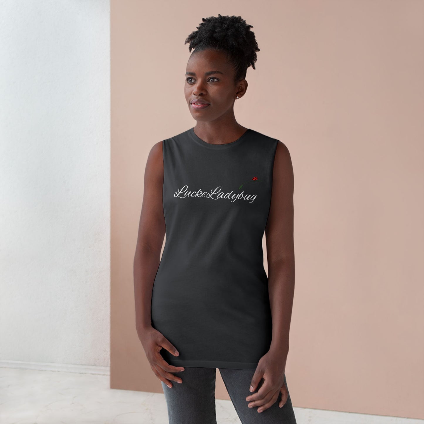 black novelty tank top for summer worn by woman with natural hair in casual setting