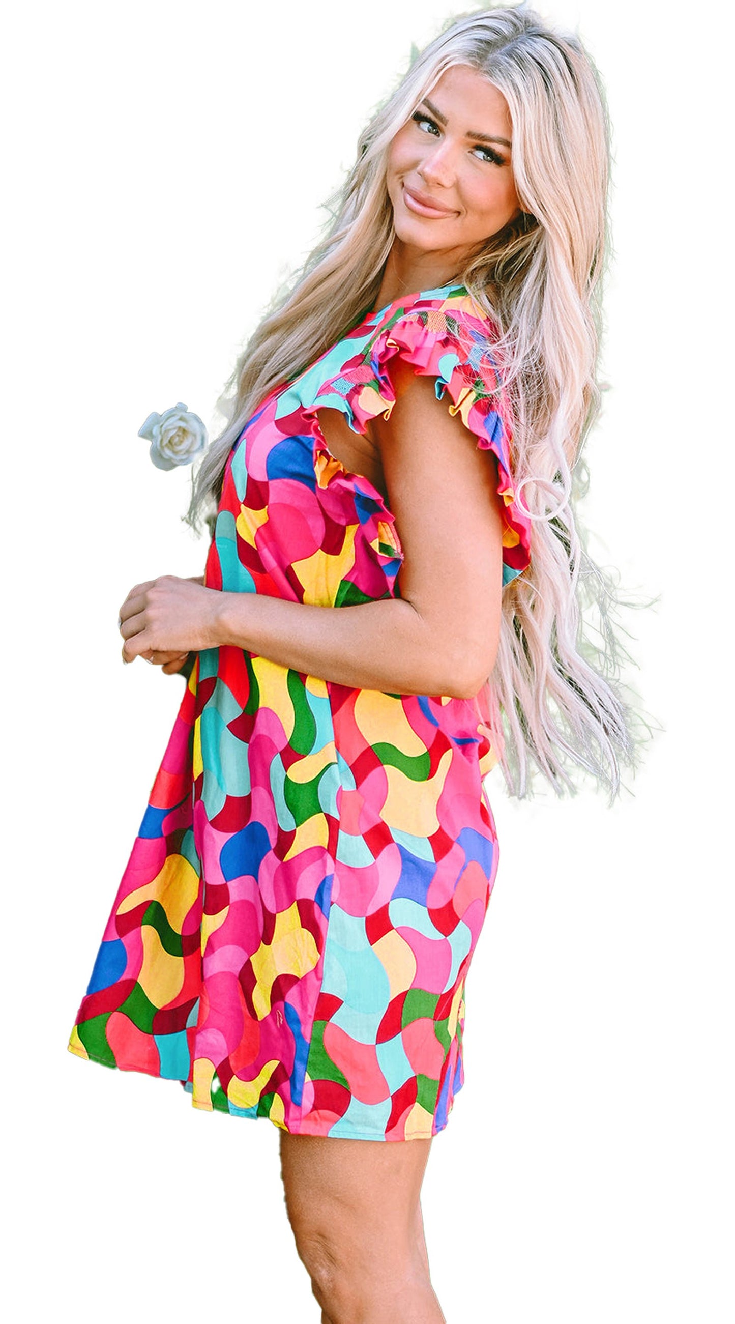 Model wearing LuckeLadybug rose red abstract print dress mini with ruffled sleeves in garden