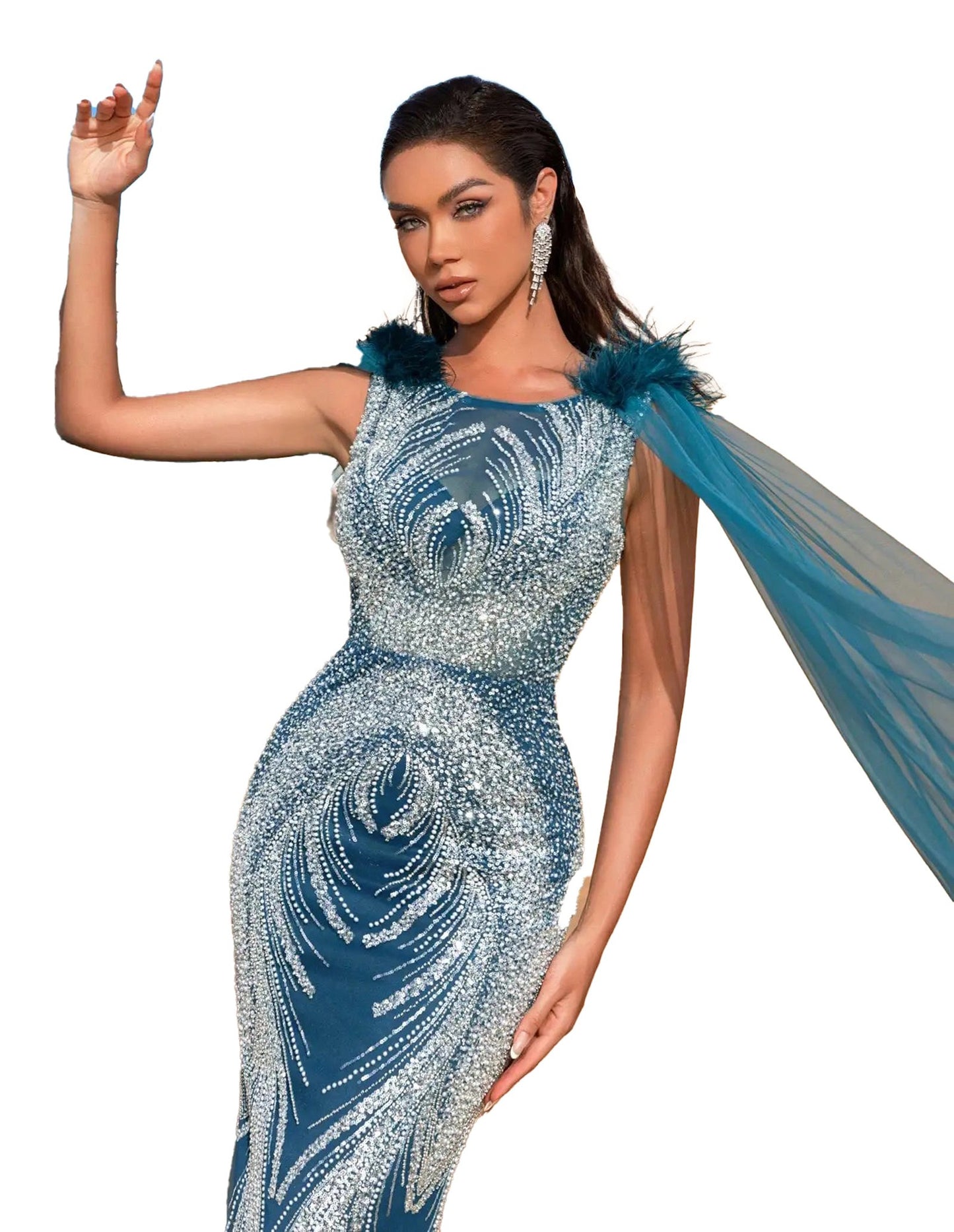 Elegant luxury beaded mermaid evening dress with feathered accents and a flowing cape in blue