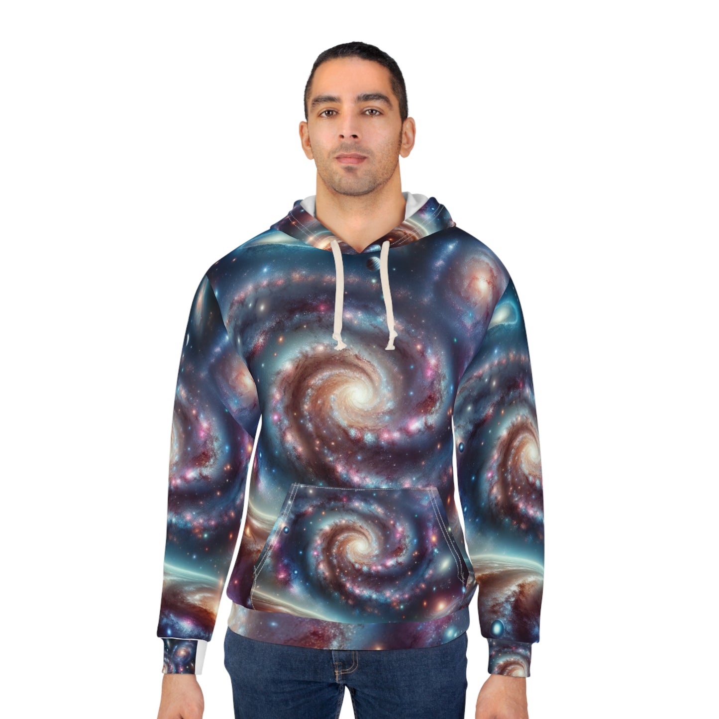 LuckeLadybug astronomy themed hoodie for men with vibrant galaxy spiral design and front pocket