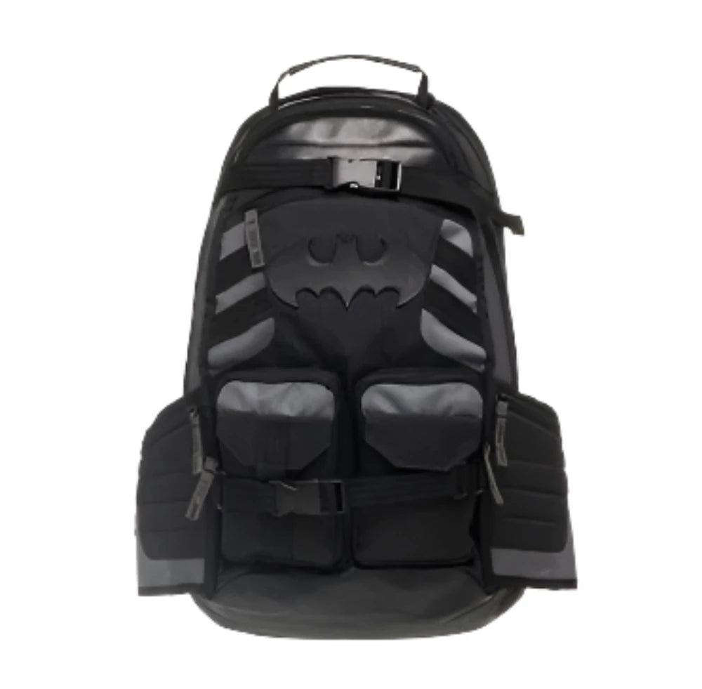 Black and gray cartoon superhero fans backpack with multiple zippered pockets and bat emblem