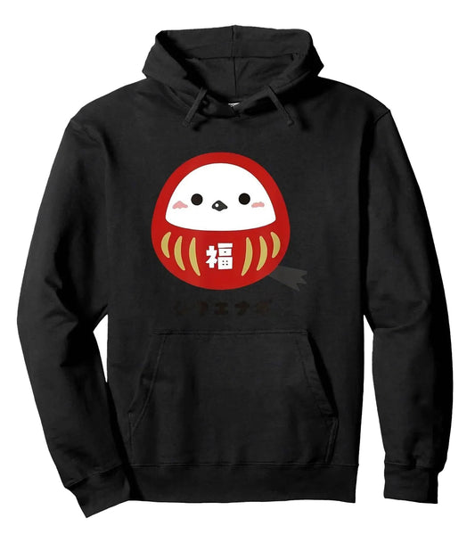 LuckeLadybug LLC men's cartoon print hoodie in black featuring a cute daruma design