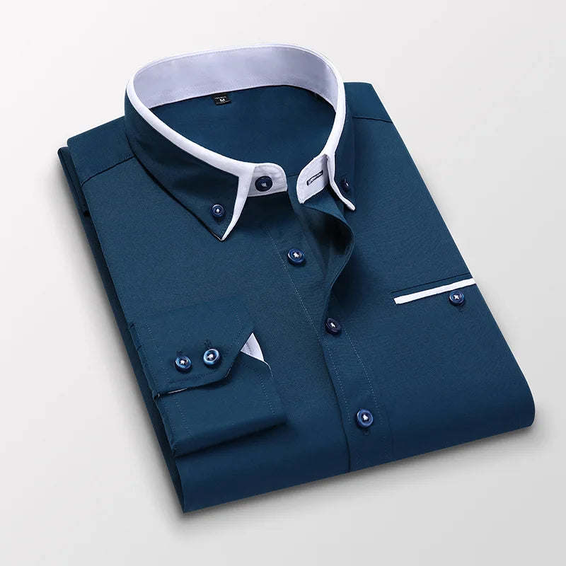 LuckeLadybug mens slim fit no-iron dress shirt in navy with contrast white collar and cuffs