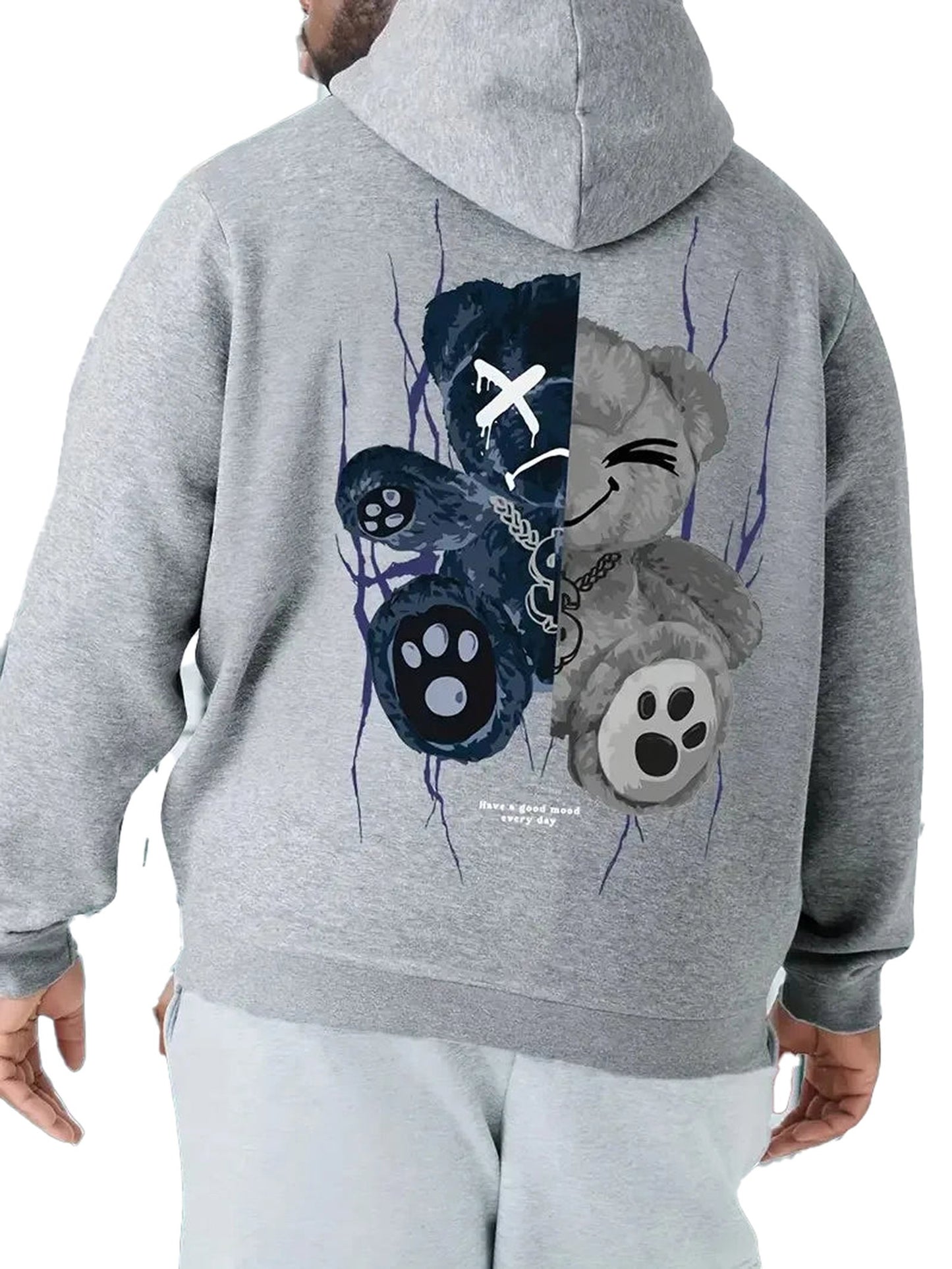Men's 3D cartoon bear hoodie in gray with playful bear graphic on the back