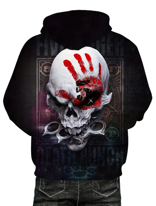 Men's 3D skull hoodie with striking graphic design and red handprint detail