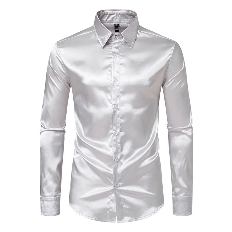 LuckeLadybug men's black satin dress shirt with a sleek and elegant finish for formal occasions