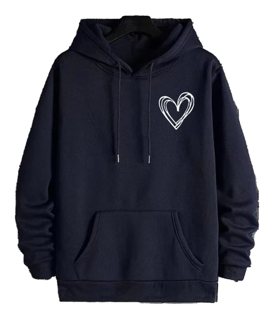 Navy blue mens casual printed hoodies featuring a heart design and a front pocket