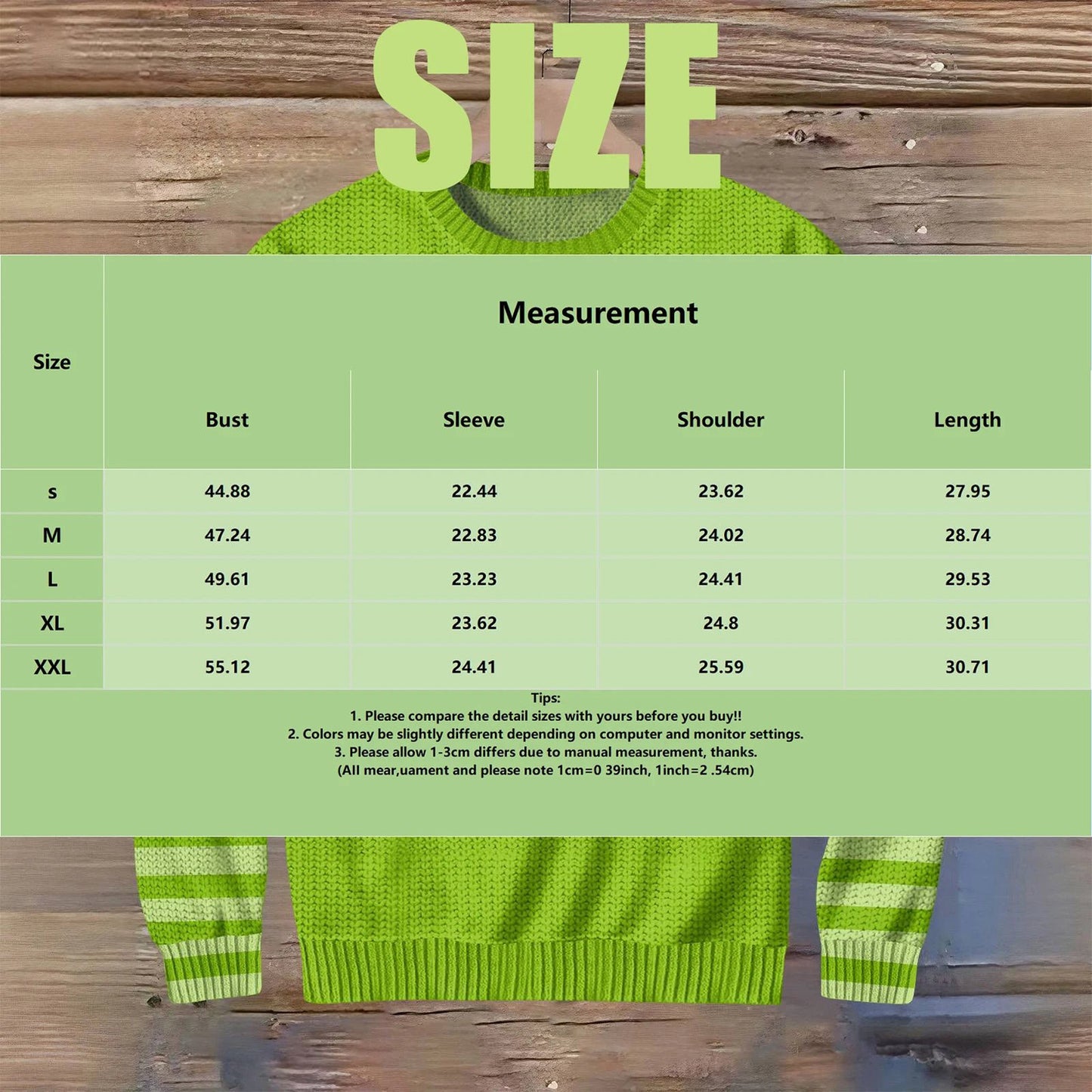 Size chart for men's Christmas sweater in vibrant green with detailed measurements for each size