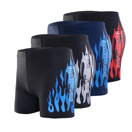 LuckeLadybug LLC men's flame swim trunks in various colors featuring stylish flame patterns
