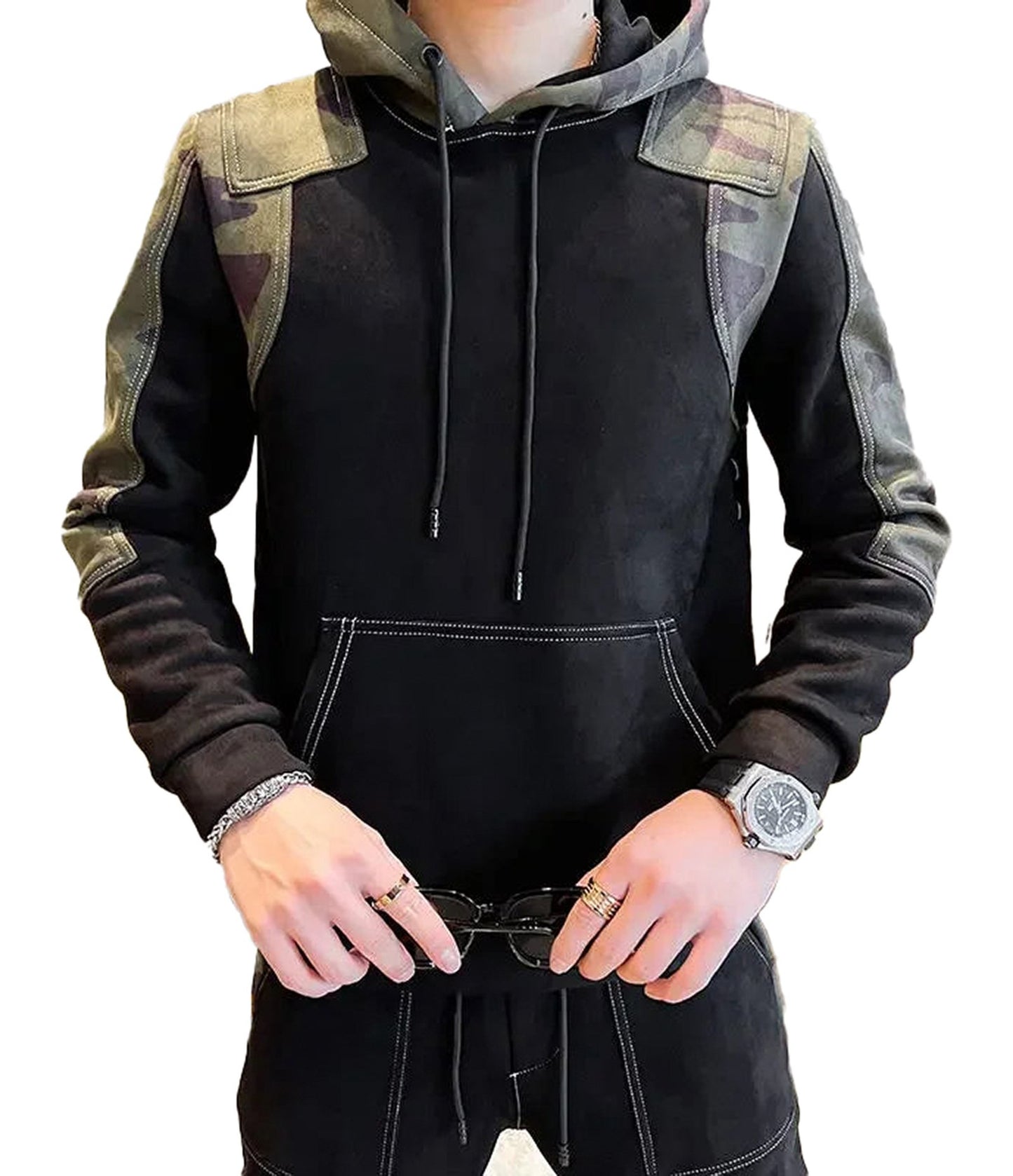 Men's Harajuku hoodies in black with camouflage accents and a stylish design for casual wear