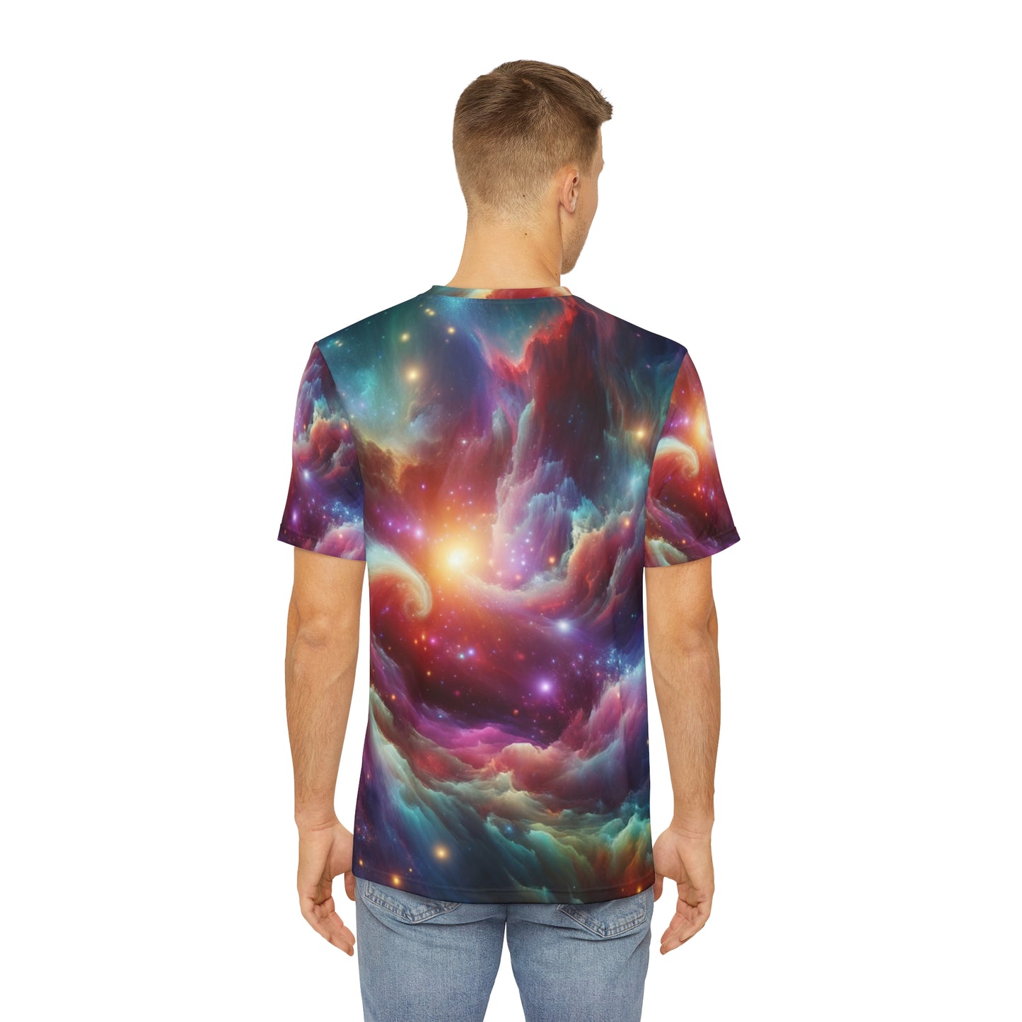 Back view of a man wearing a LuckeLadybug mens neon galaxy shirt with vibrant cosmic colors