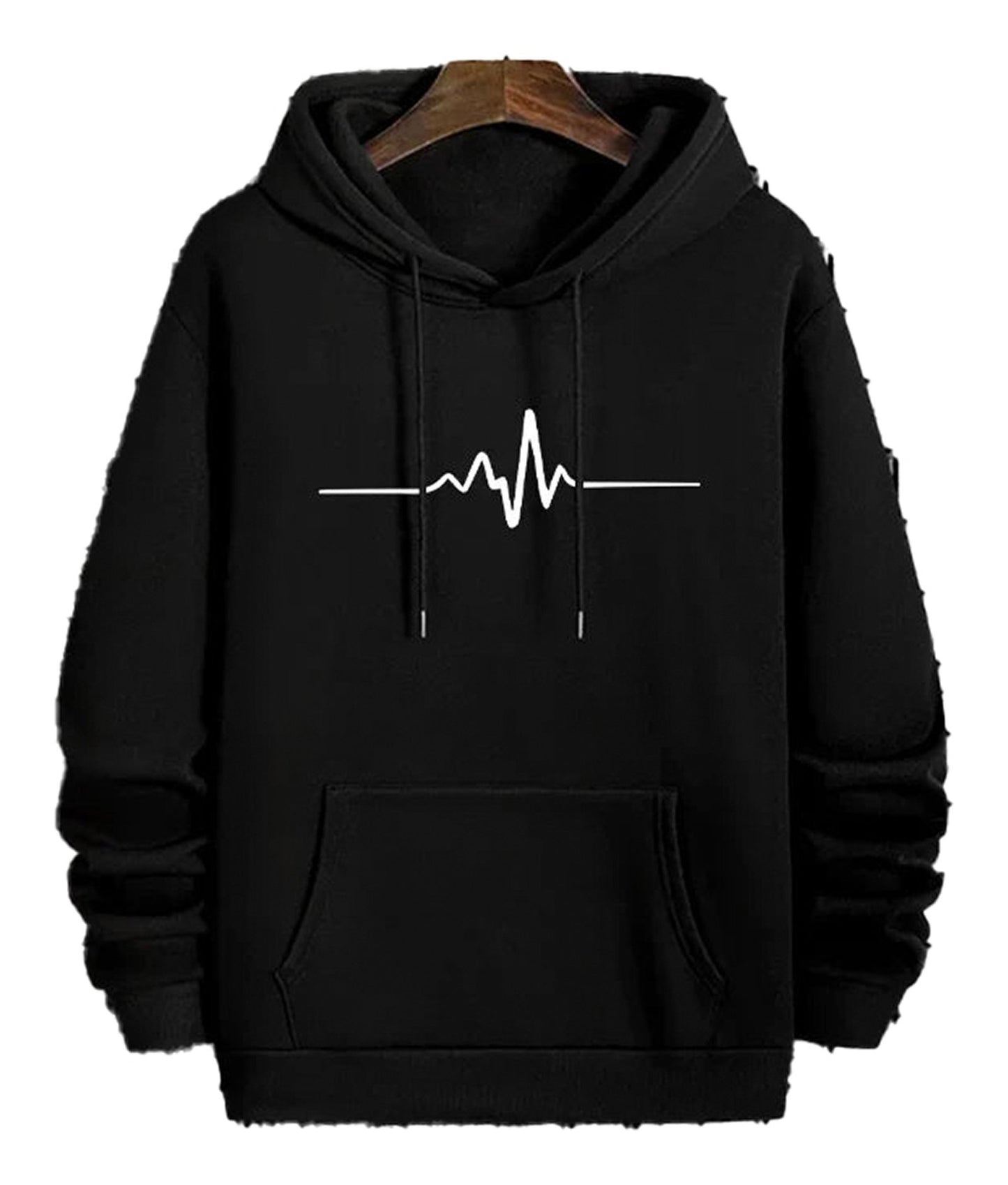 LuckeLadybug LLC Mens printed hoodies in black with an elegant heartbeat design on the front