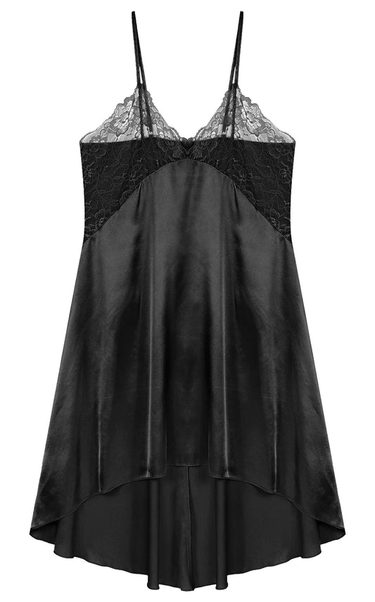 Black LuckeLadybug LLC mens satin nightdress lingerie with lace detailing and adjustable straps