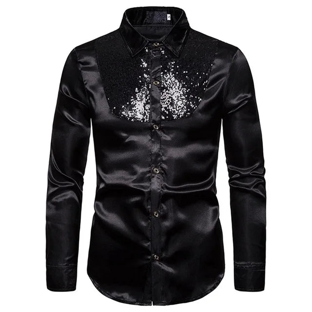 LuckeLadybug Men's Sequined Performance Shirt in Black with Stylish Shine for Events