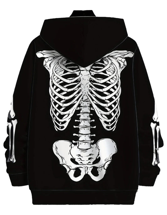 Men's skeleton graphic hoodie with a detailed ribcage design on the back, perfect for spooky fashion lovers