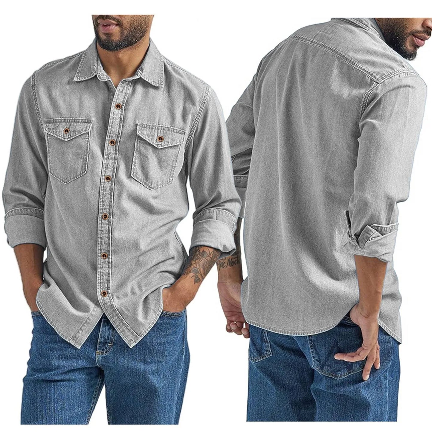 Men's thin denim shirt in gray with button-up front and chest pockets for casual wear