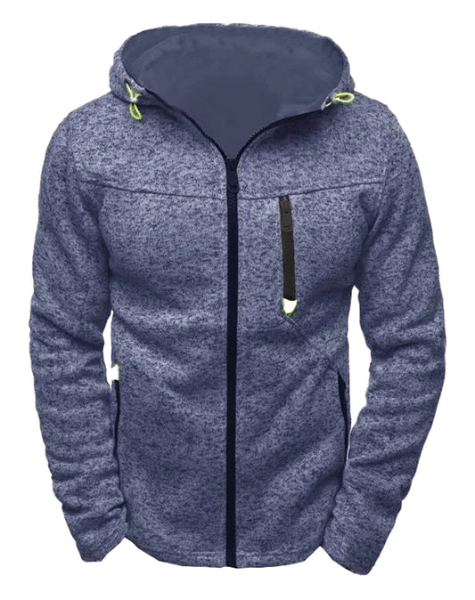 Men's thin wool hoodie tracksuit in navy blue with zip pockets and adjustable hood from LuckeLadybug LLC