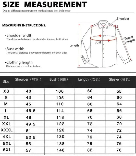 Size measurement chart for men's western 3D printed shirt with detailed dimensions for various sizes