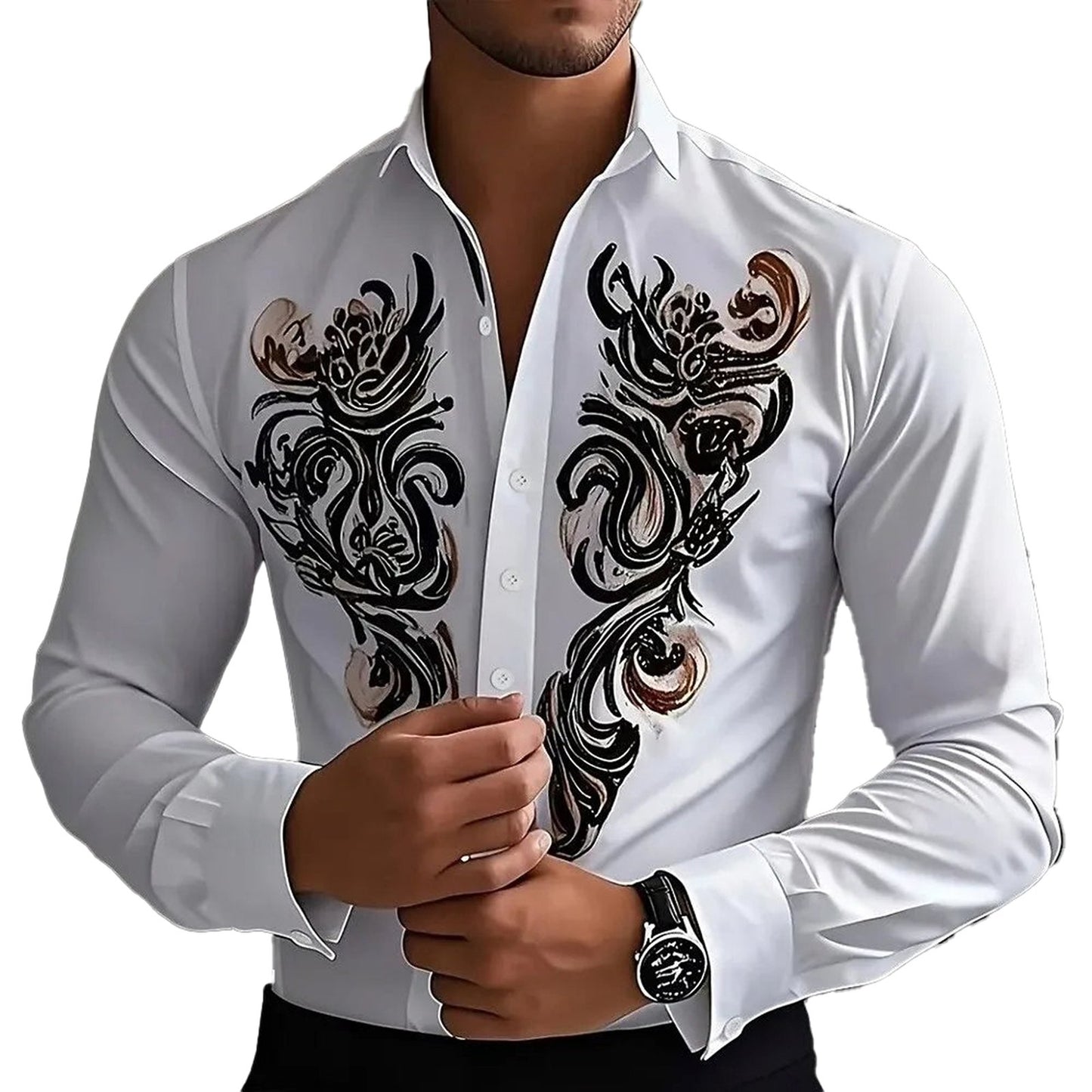 LuckeLadybug LLC Men's Western 3D printed shirt with intricate black and brown designs on a white background