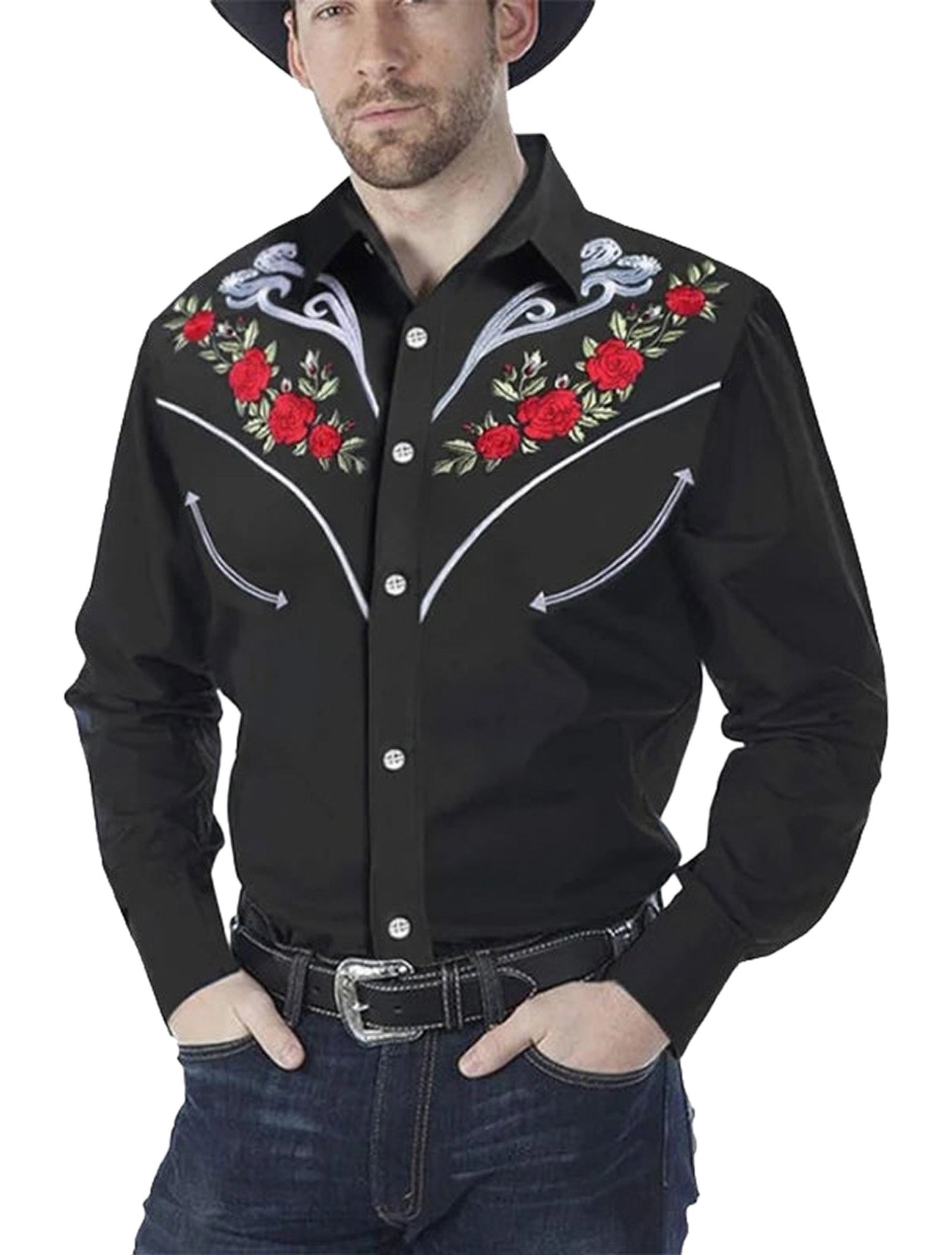 Men's western cowboy shirt in black with floral embroidery and stylish design for Western fashion
