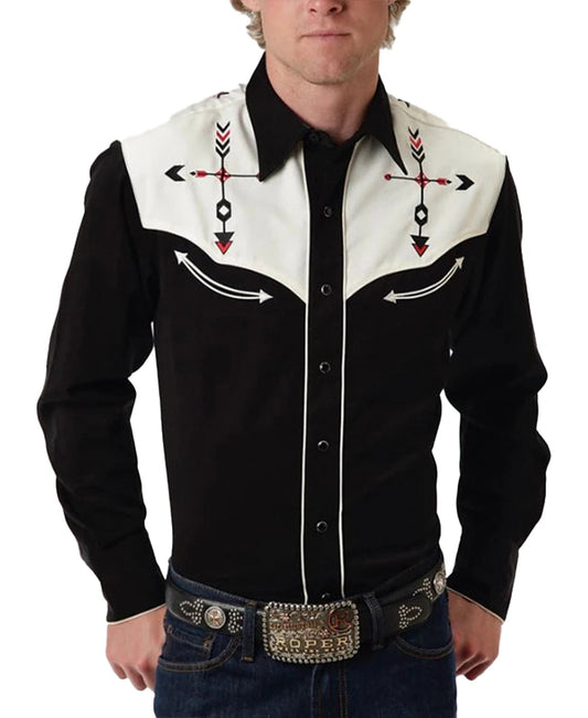 Men's western cowboy shirt in black with white detailing and decorative arrow patterns