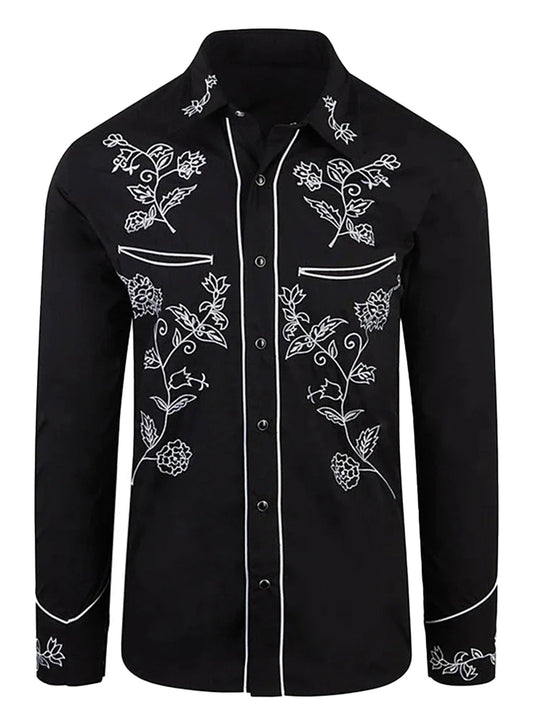 LuckeLadybug LLC mens western flower print shirt in black with detailed floral embroidery