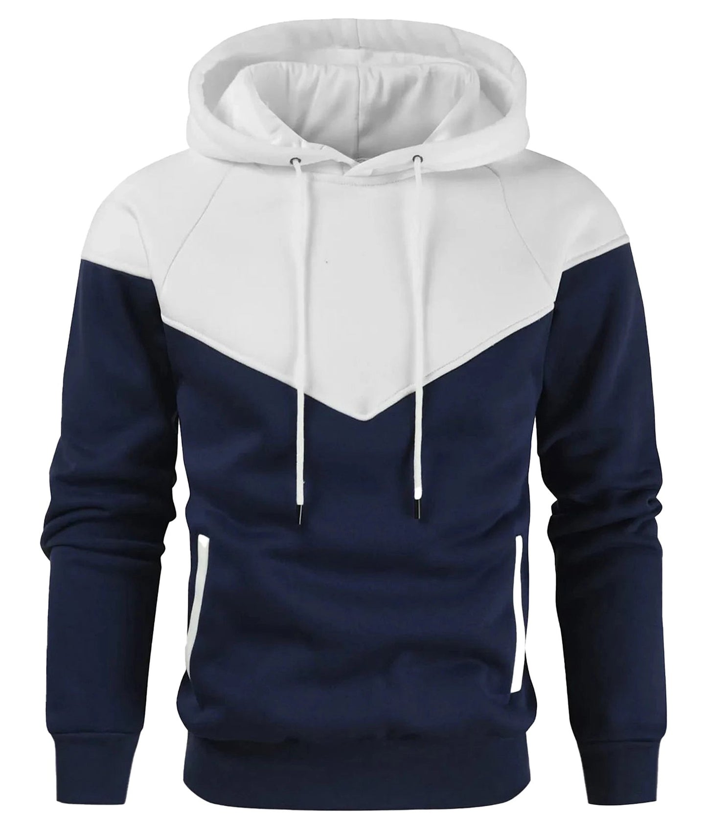 Men's zip up hoodies high neck in navy and white color block design with drawstring and pockets