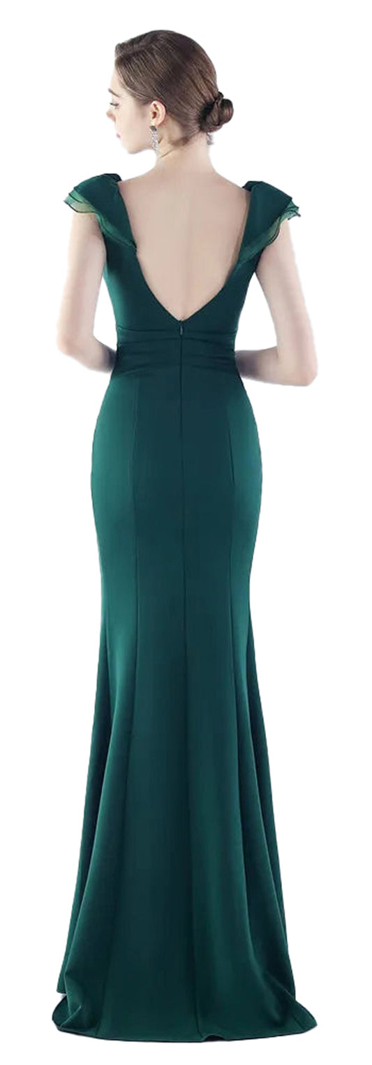 Elegant green mermaid satin evening dress with a V back and cap sleeves for formal occasions