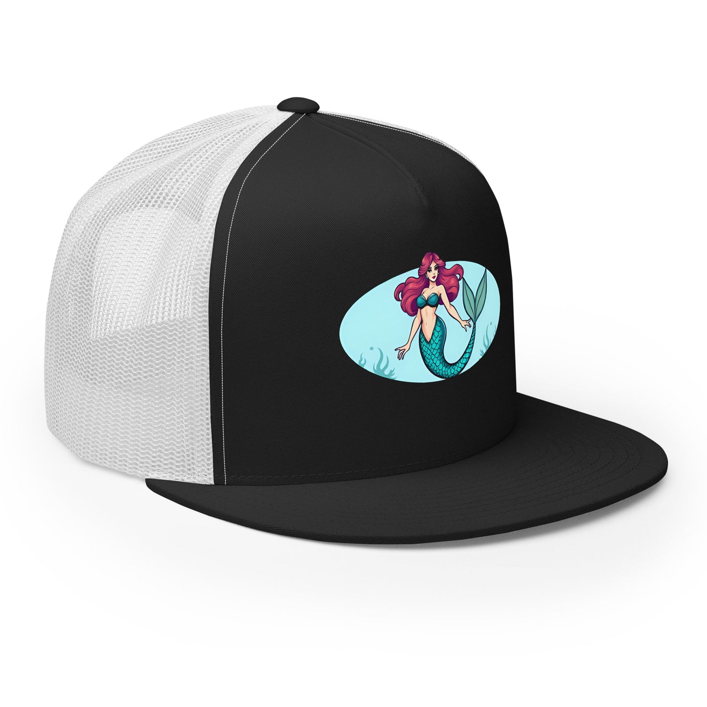 LuckeLadybug black and white trucker hat with colorful mermaid graphic mermaid trucker hat