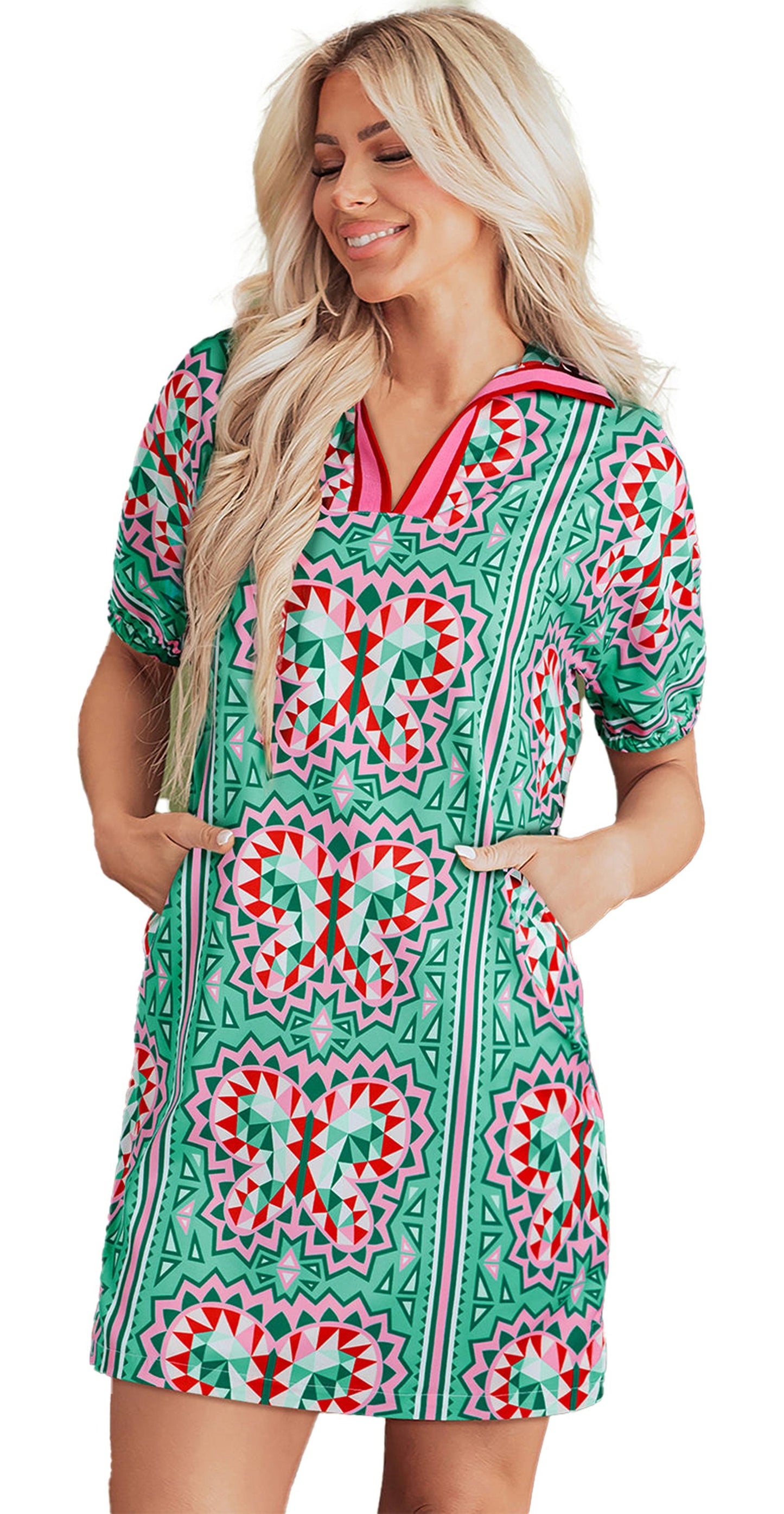 LuckeLadybug mint green geometric dress with short sleeves and pockets for a stylish summer look