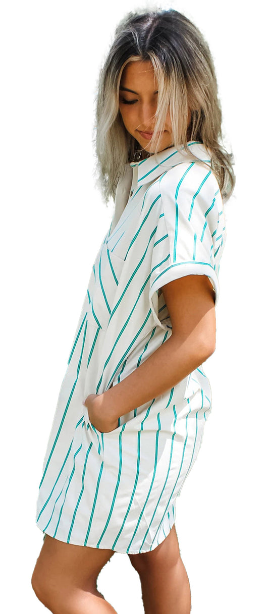 Mint green striped shirt dress by LuckeLadybug, featuring a relaxed fit and side pockets for casual style