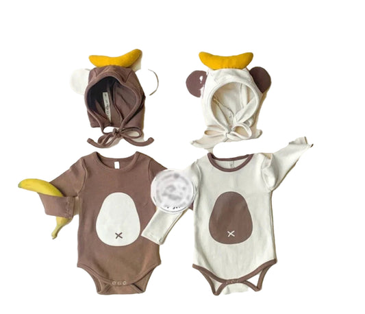Cute monkey baby onesie cotton set with banana accents and coordinating hood for playful infants