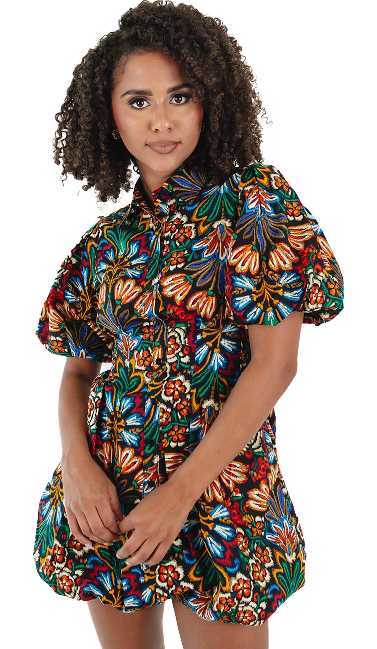 LuckeLadybug multicolor floral puff sleeve dress with vibrant floral patterns and a stylish silhouette