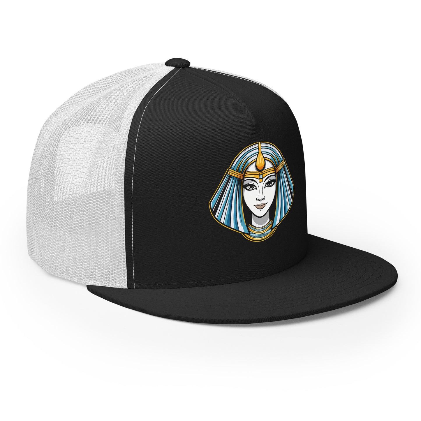 LuckeLadybug black and white trucker hat with Mystic Egypt graphic cap design featuring an ancient Egyptian queen