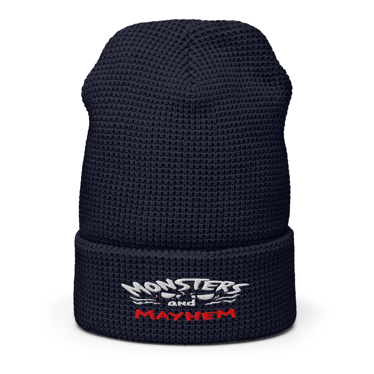 LuckeLadybug waffle beanie in navy blue with embroidered monsters and mayhem beanie text on cuff