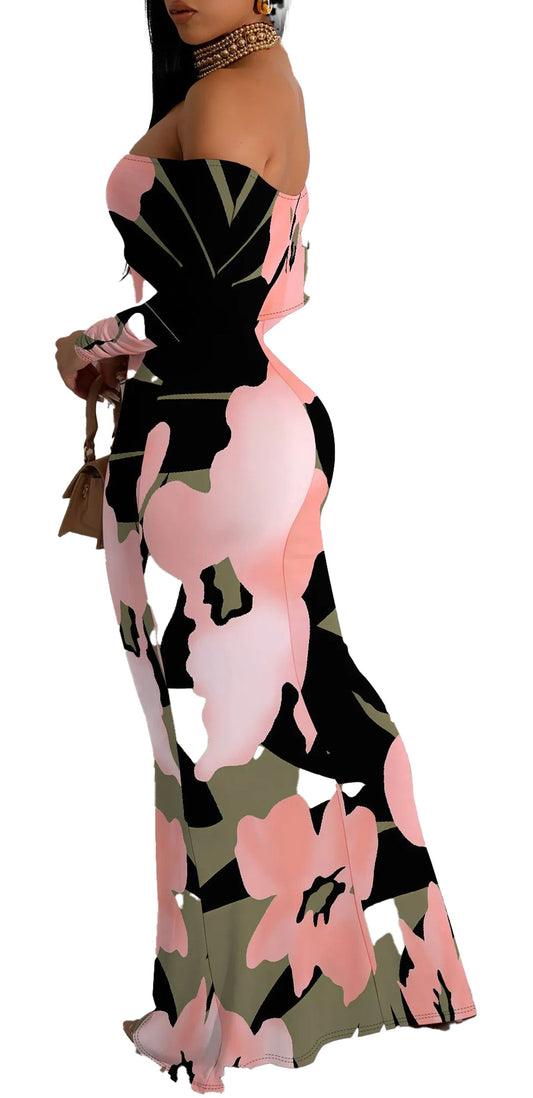 Elegant off shoulder floral mermaid dress by LuckeLadybug LLC featuring vibrant floral prints