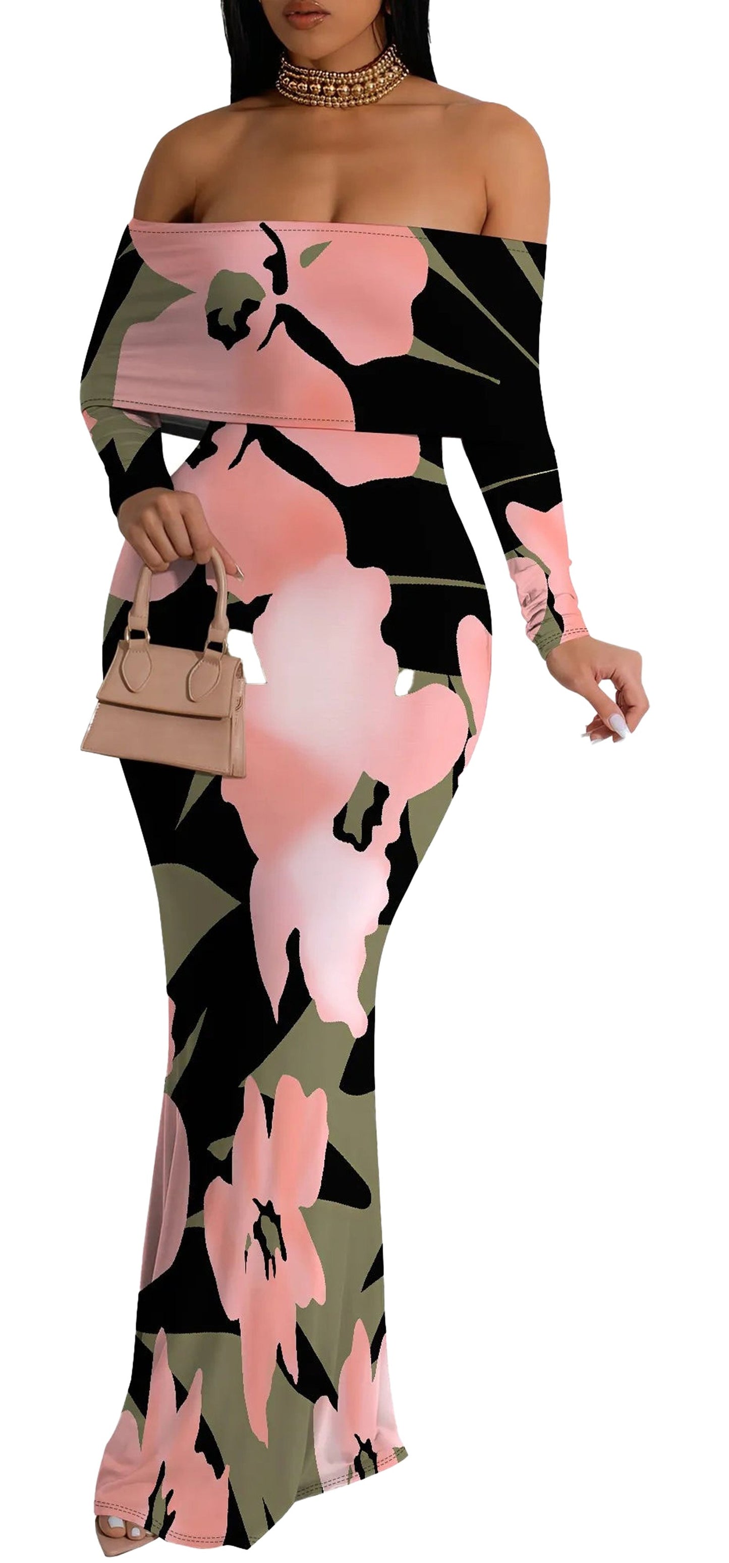 Off shoulder floral mermaid dress in pink and black with elegant floral pattern, perfect for special occasions