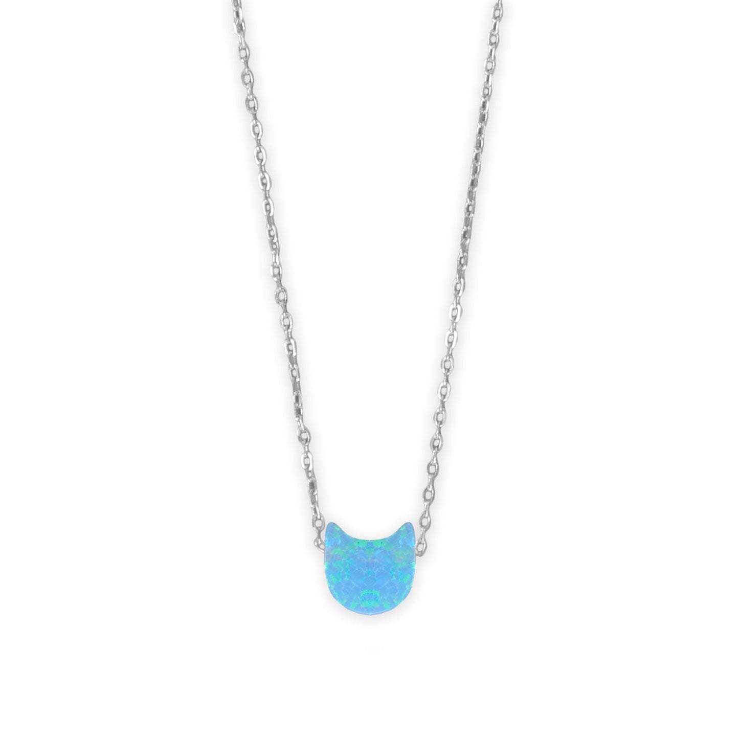 Opal cat face necklace by LuckeLadybug LLC with a stunning iridescent design on a silver chain