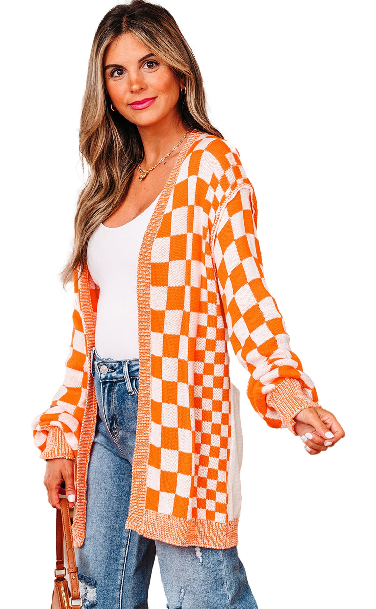 LuckeLadybug orange checkered cardigan with oversized fit and long sleeves for stylish layering