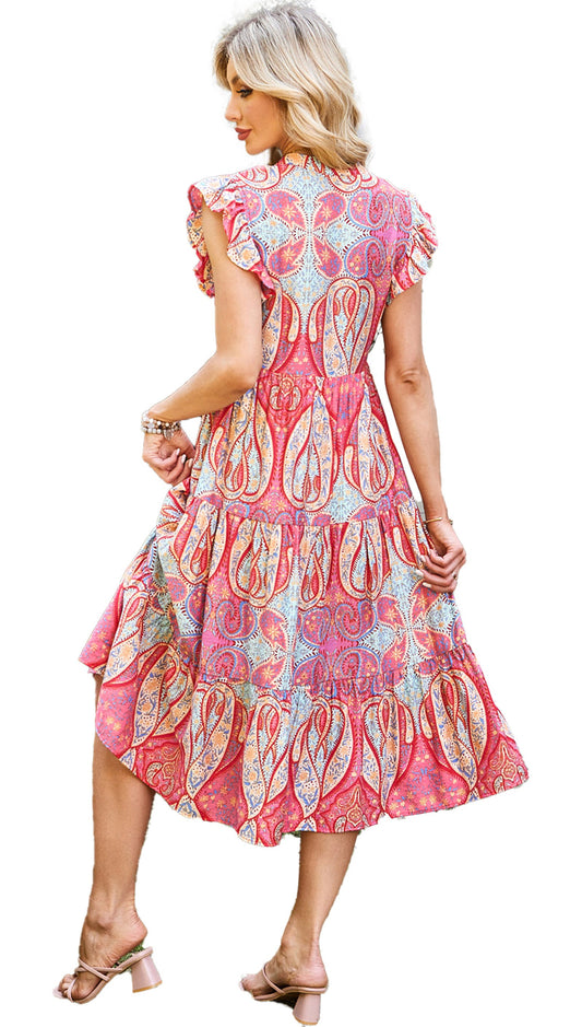 LuckeLadybug paisley print midi dress with ruffled sleeves and tiered design in vibrant colors