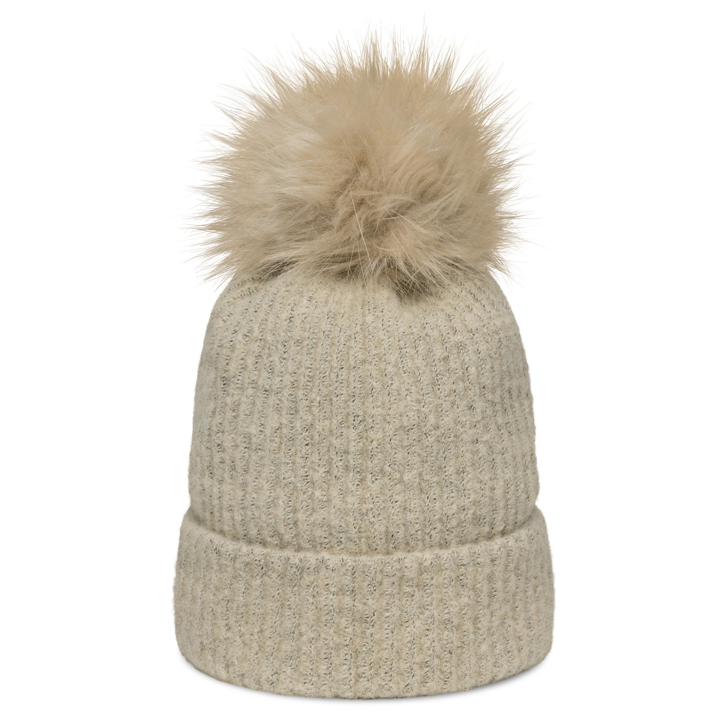 LuckeLadybug beige panda pom-pom beanie with soft textured knit and large fluffy pom-pom on top