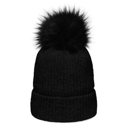LuckeLadybug black panda pom-pom beanie with thick knit and fluffy pom-pom on top