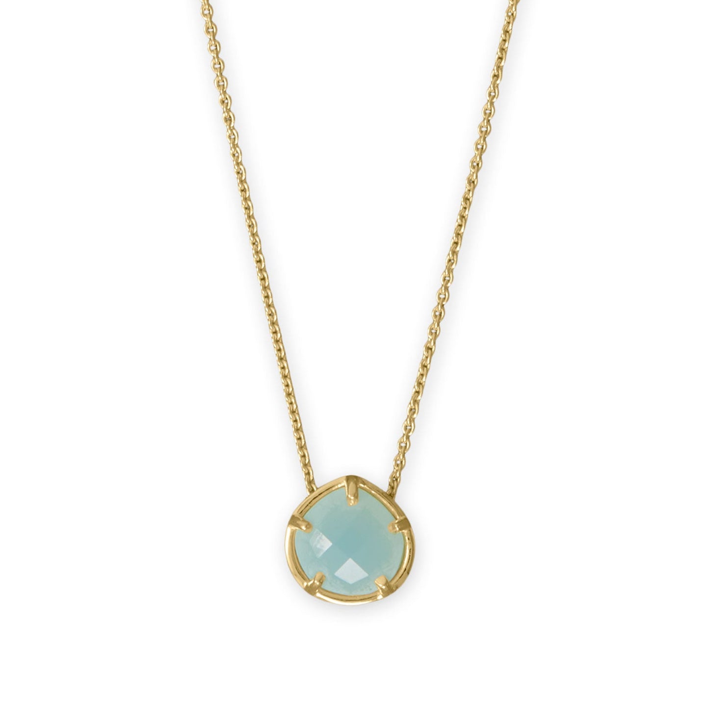 LuckeLadybug LLC pear chalcedony gold necklace featuring a teardrop-shaped gemstone in a gold setting