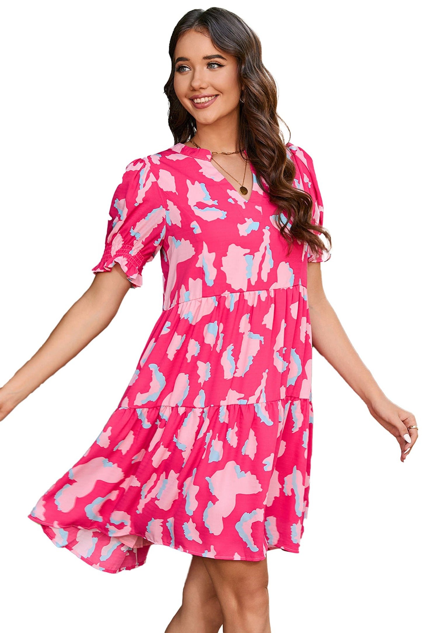 LuckeLadybug pink abstract puff sleeve dress with playful patterns and a flattering fit for casual outings